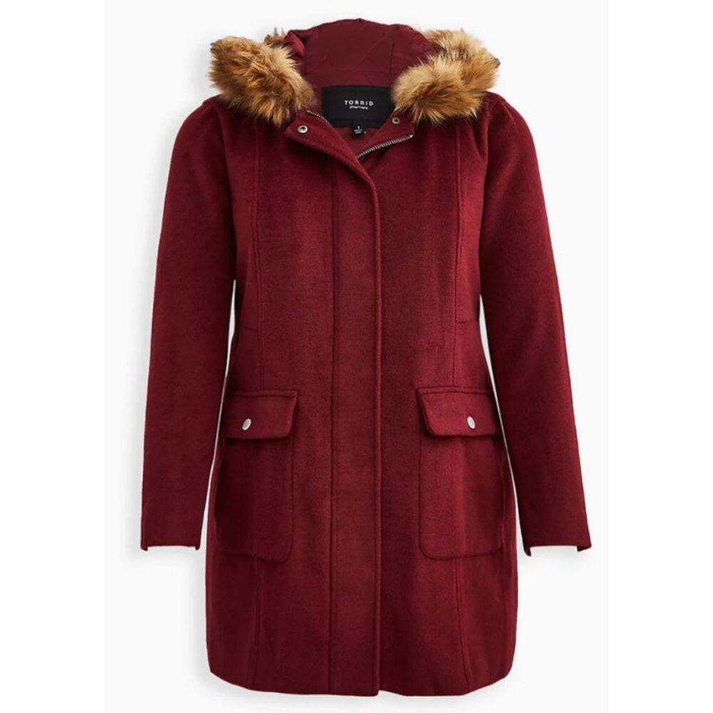 Torrid Wool Faux Fur Hooded Deep Red Zip Front Coat